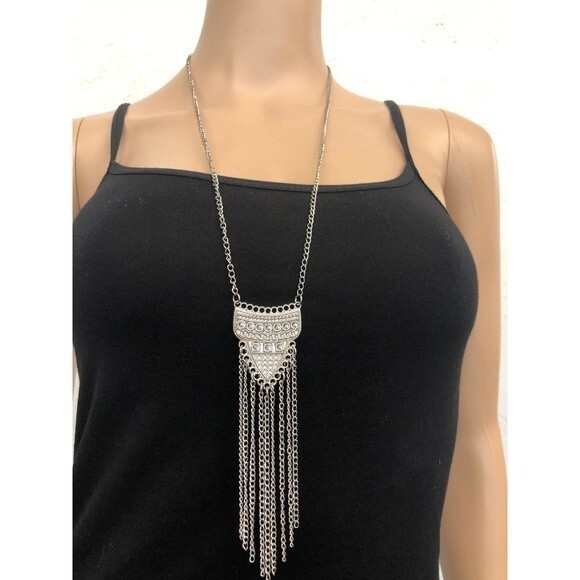 Long silver tone necklace with silver tassel. - Picture 1 of 3